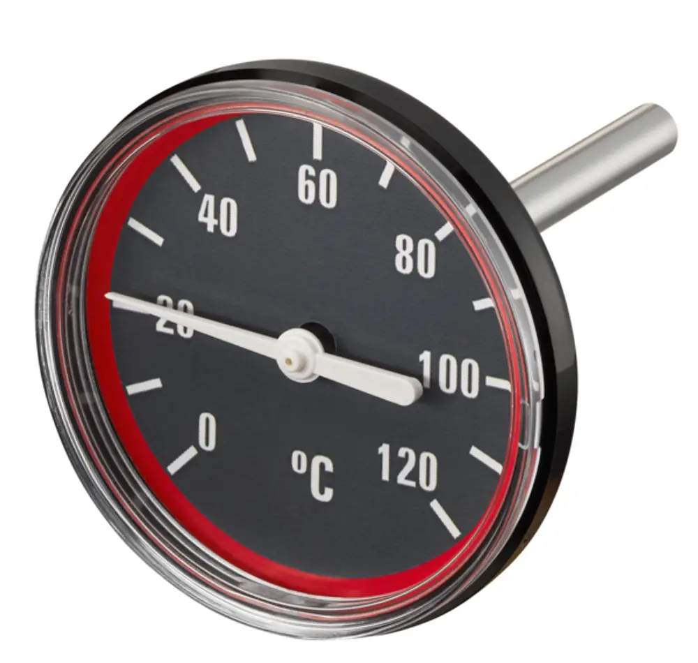 Oventrop-Thermometer mit analoger Skala, schwarz-roter Anzeige und einem Messbereich von 0 bis 120 °C, für den Einsatz in Heizungsstationen geeignet.